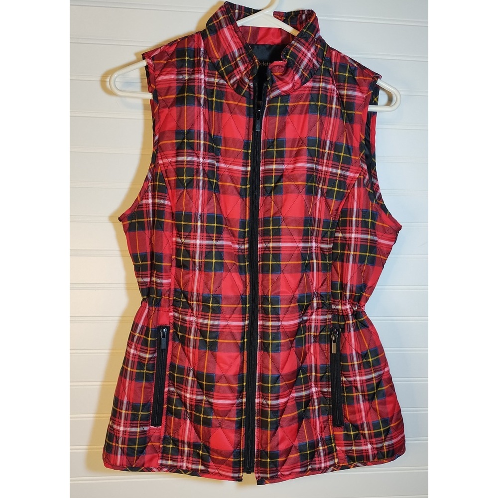 Relativity Womens Vest Small Red Plaid Quilted Sleeveless Puffer Zip Up Gorpcore